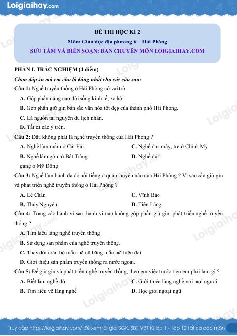 Đề thi HK2 GDĐP 6 Hải Phòng - loigiaihay.com